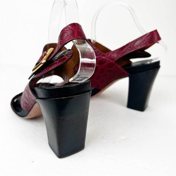 SZ 40.5 Chloe Red Leather Croc Style Sandal Heels - Picture 6 of 8